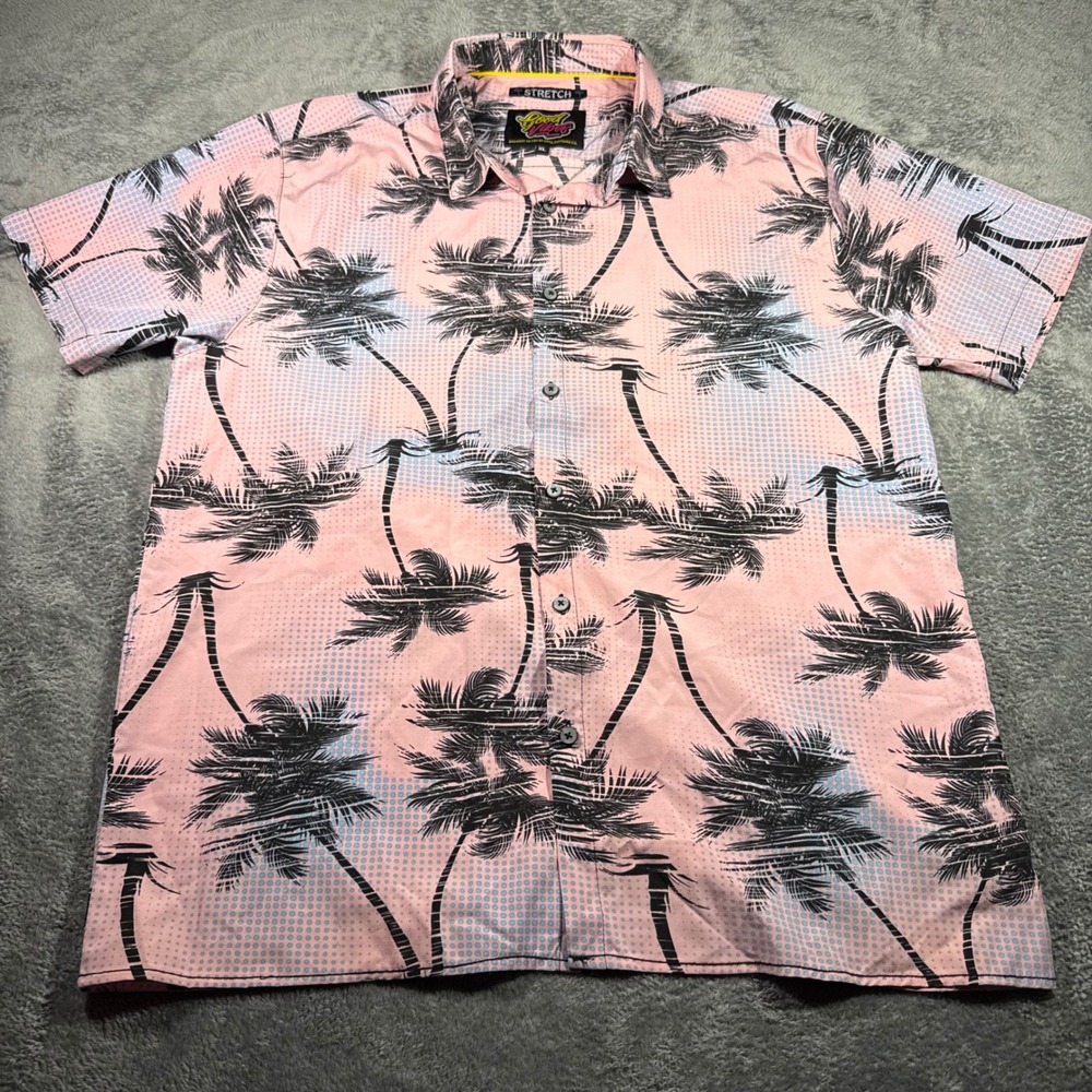 Good Vibes Drill Clothing Co Mens XL Pink Palm Tree Print Stretch Aloha Shirt